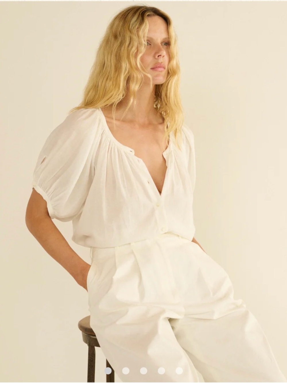 Doên “June” Puff-Sleeve Button Front Top in Salt